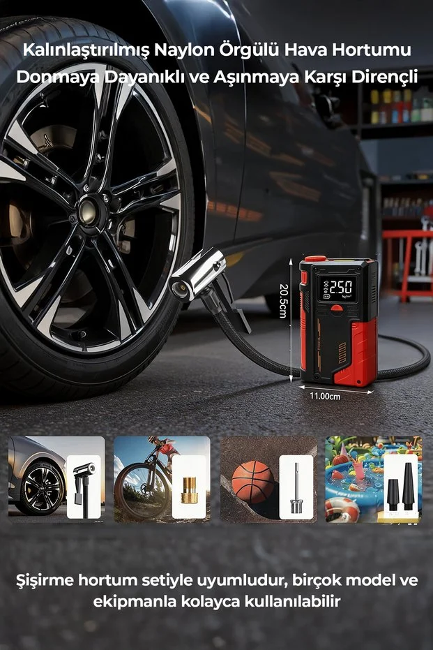 Süper 4'lü Şarjlı Akü Ateşleyici Lastik şişirici Powebank Led ışık 150Psi Yüksek basınçlı Kırmızı